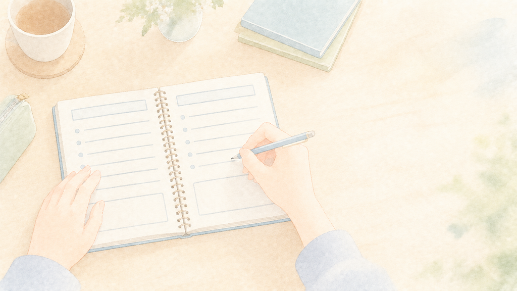 面接の質問への答えをノートに書き出している手元のイラスト