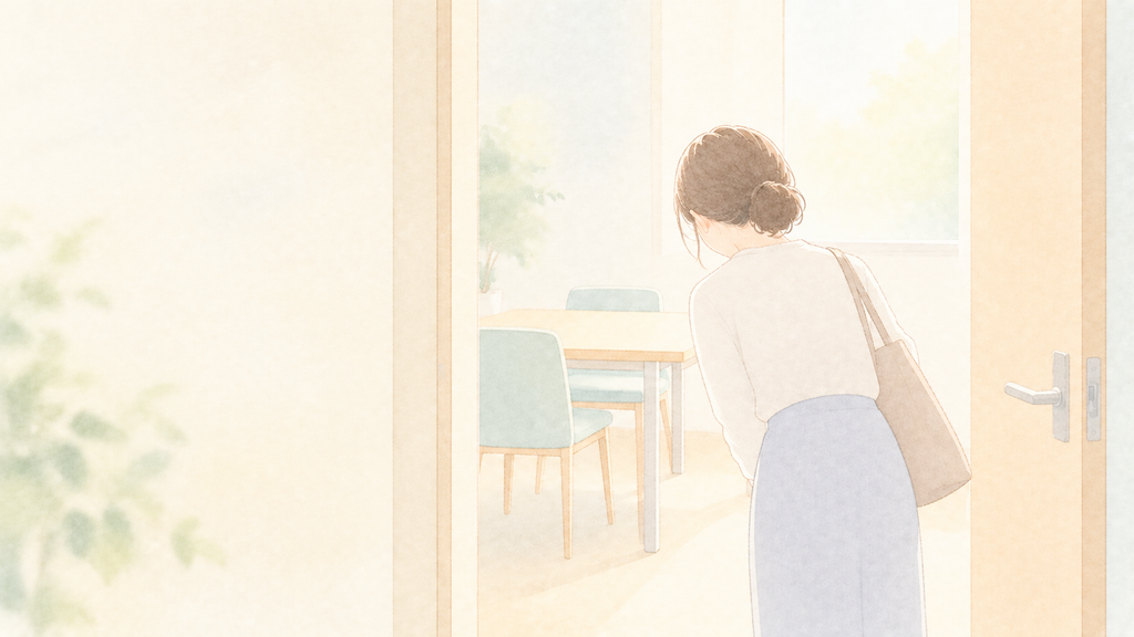 面接室に一礼して入室する保育士の後ろ姿のイラスト
