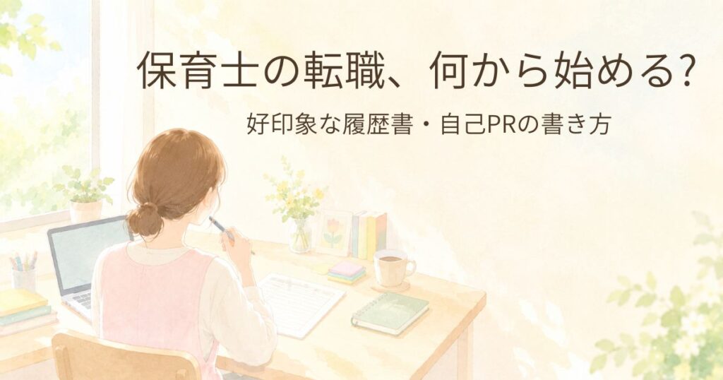 履歴書を書きながら考え事をしている保育士の後ろ姿のイラスト