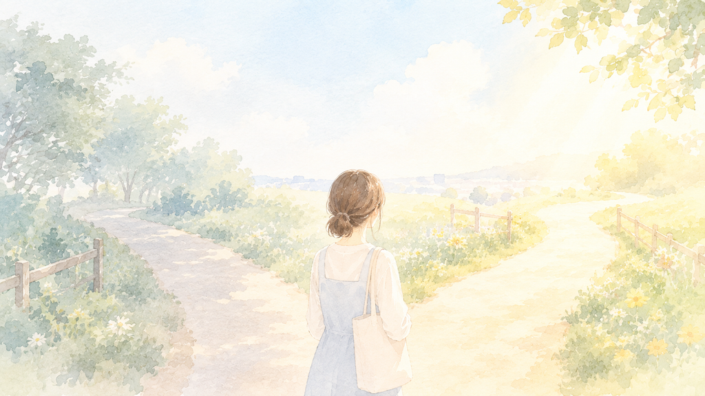 二股に分かれた道で明るい方の新しい道を見つめる保育士の後ろ姿のイラスト
