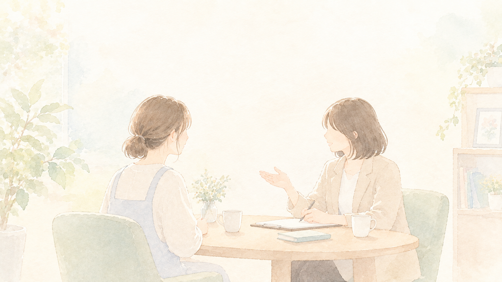 転職エージェントの担当者と相談している保育士のイラスト