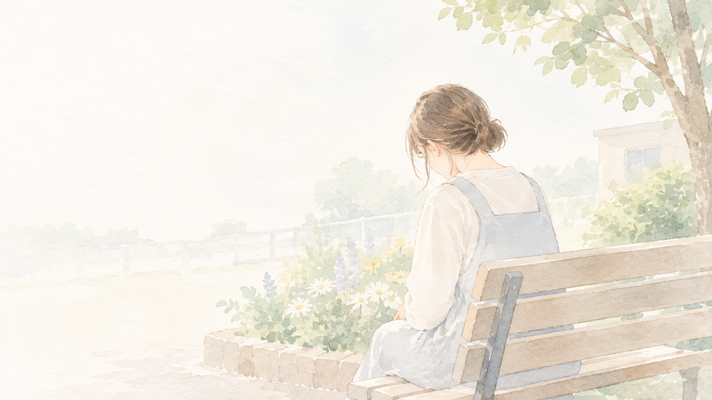 ベンチに座り疲れた様子で休んでいる保育士の後ろ姿のイラスト
