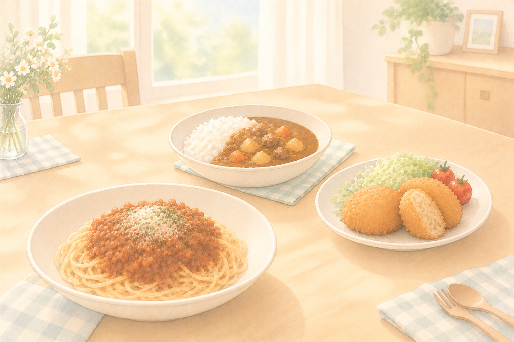 ミートソースからカレー、カレーコロッケへ、アレンジして回すイメージイラスト