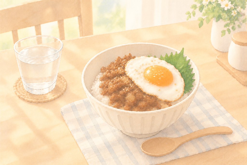 シソを使った、目玉焼きのせのガパオ丼のイラスト