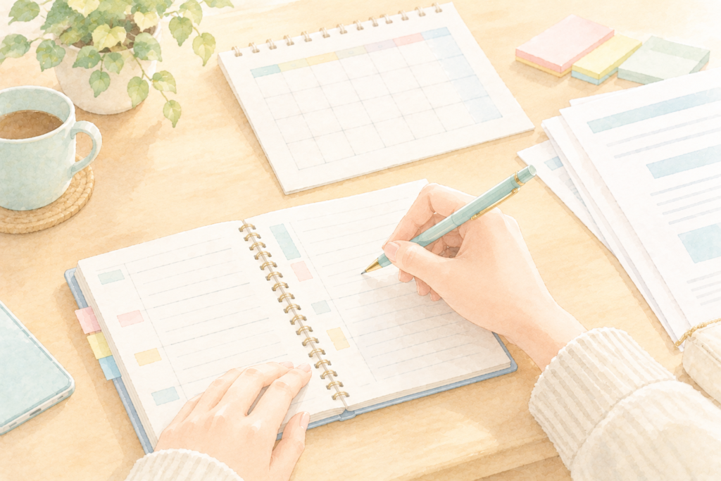 手帳に平日の手続きの予定を書き込むイメージのイラスト