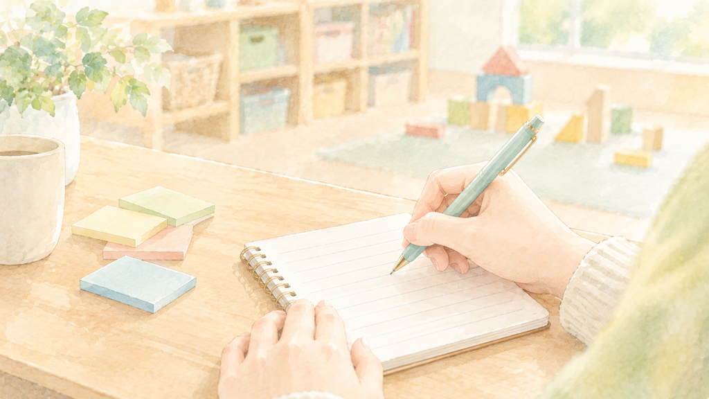 保育室でノートにメモを取っている手元のイラスト