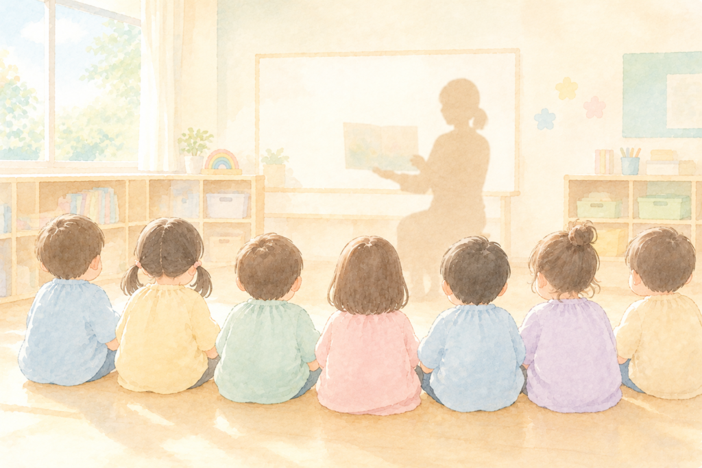 先生の話を座って聞いている子どもたちの後ろ姿のイラスト