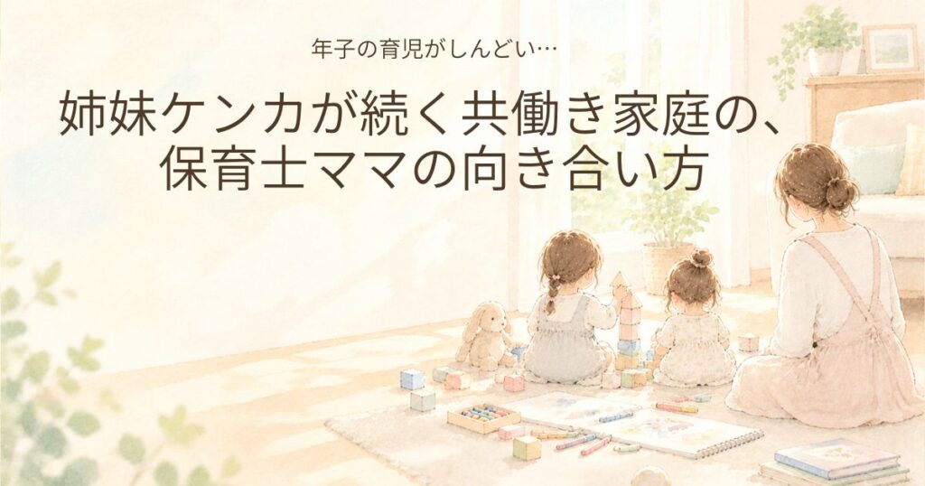 年子の姉妹が遊ぶ様子を、お母さんが見守っているイメージイラスト