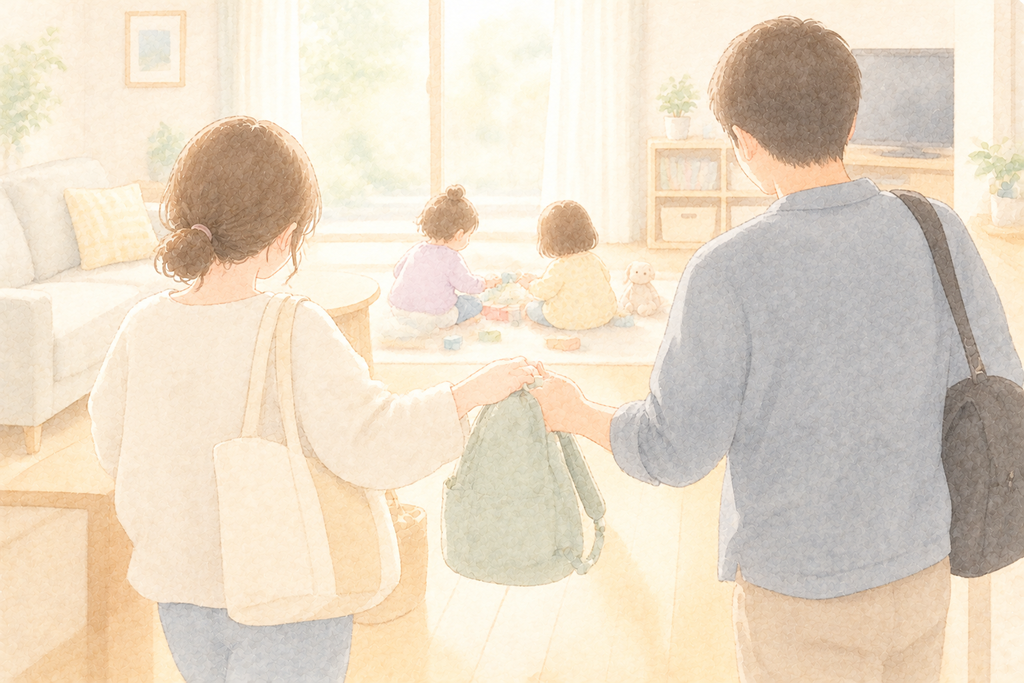 きつい日に、夫婦が子どもの担当を交代するイメージイラスト