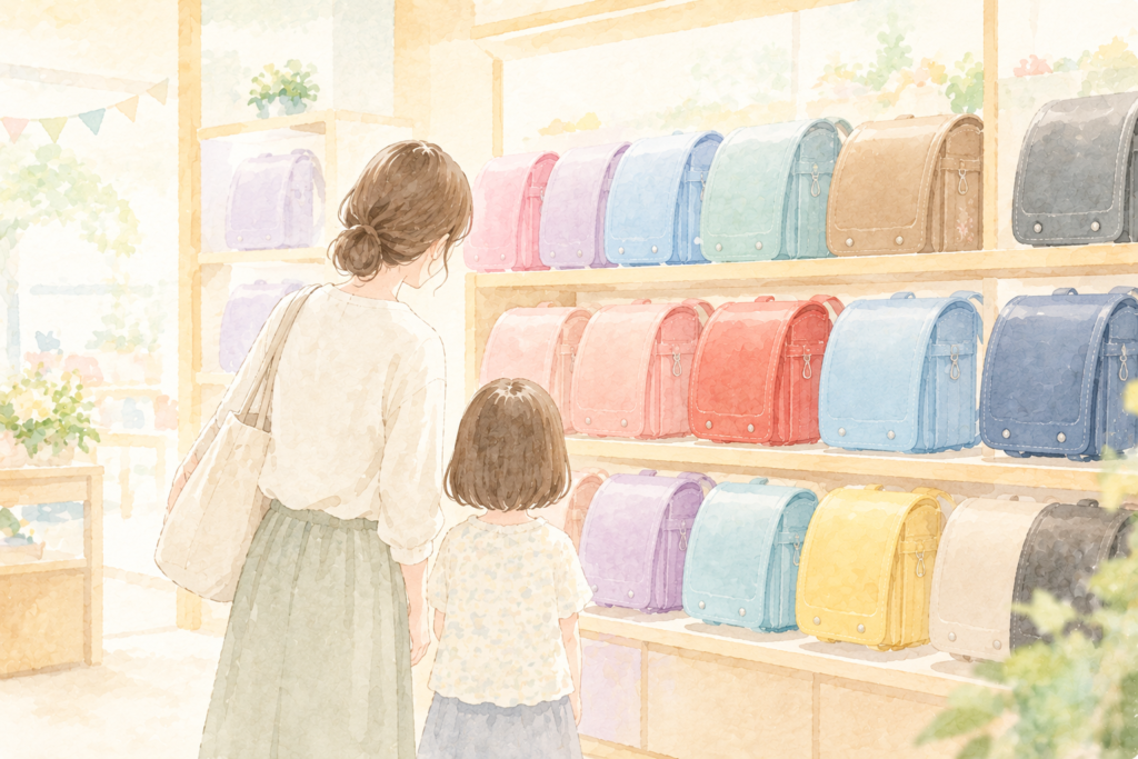 色とりどりのランドセルが並ぶ売り場で、親子が選んでいるイラスト
