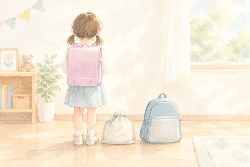 重りを入れたランドセルを背負って、重さを試す女の子の後ろ姿のイラスト
