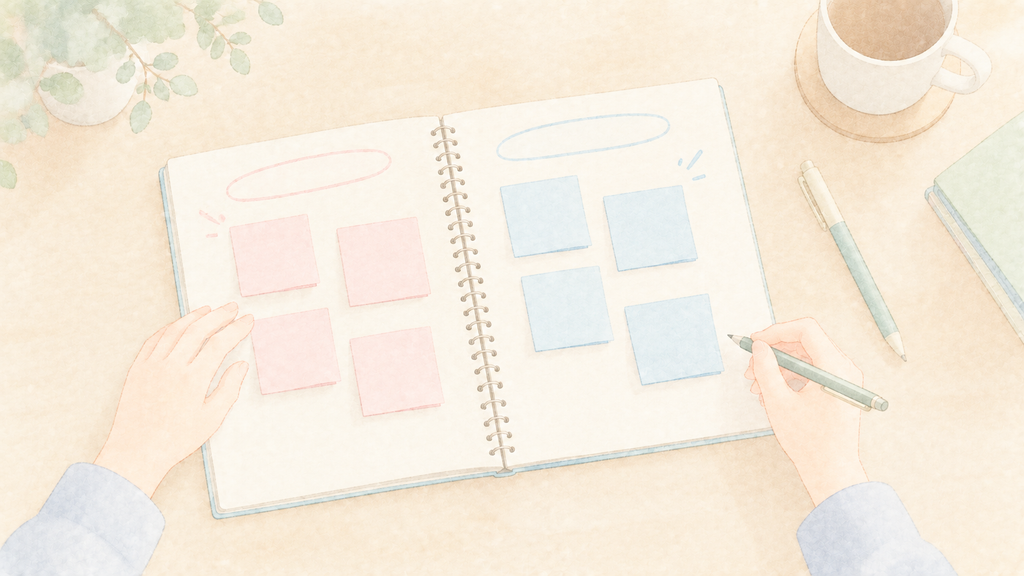 ノートと付箋で退職理由を整理しているイラスト。園への不満と自分の働き方の希望を分けて書き出している