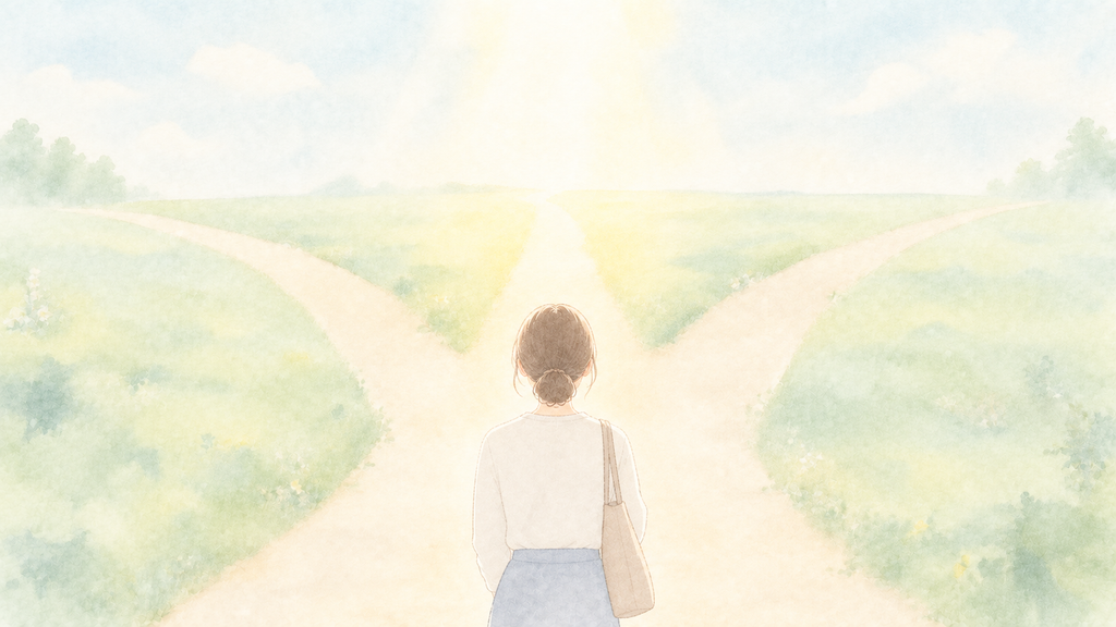 分かれ道の前に立つ保育士のイラスト。嘘と正直のあいだに『言い換え』という選択肢があることを表している