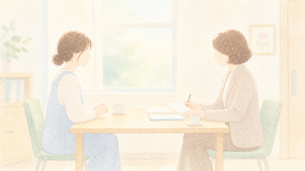園長先生と保育士が机をはさんで面談しているイラスト