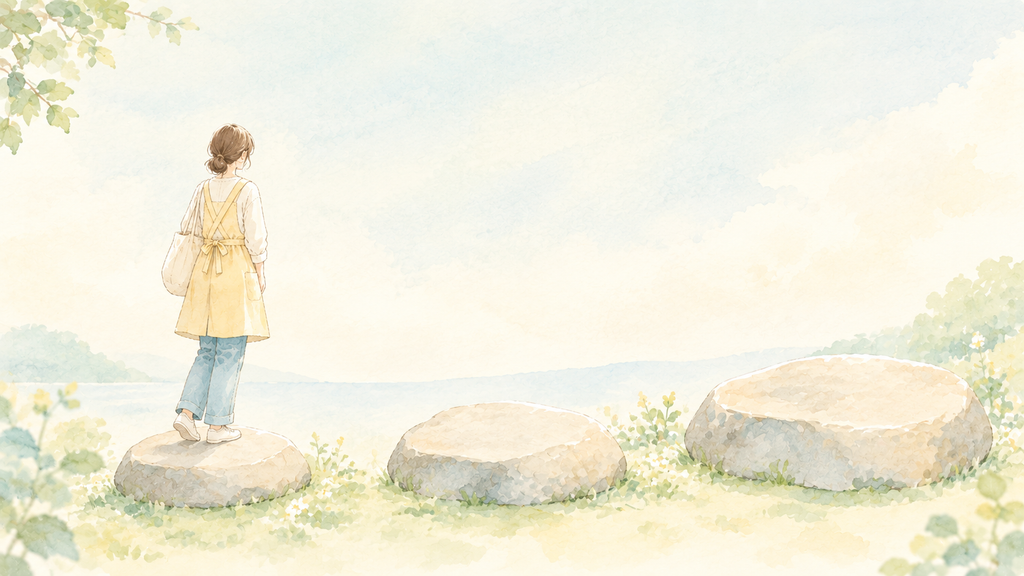 3つの飛び石を前に立つ保育士のイラスト。ブランクの長さごとに書き方が変わることを表している