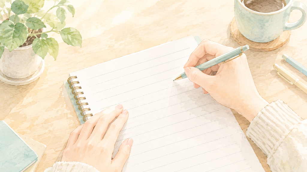 履歴書の空いた一行に、ペンで書き足している手元のイラスト