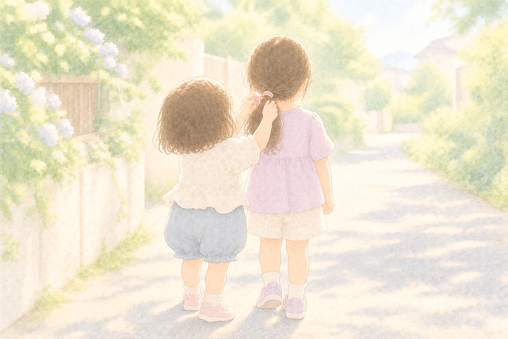 歩く姉妹と、髪を結んであげる姿のイラスト
