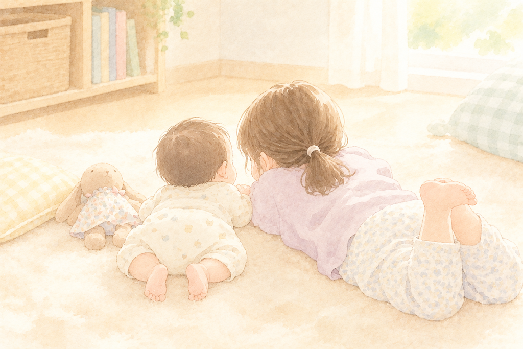 生まれたばかりの妹の横で、お姉ちゃんが寝転んでいるイラスト