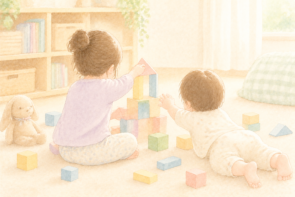 ブロックで遊ぶお姉ちゃんに、妹が手を伸ばそうとしているイラスト