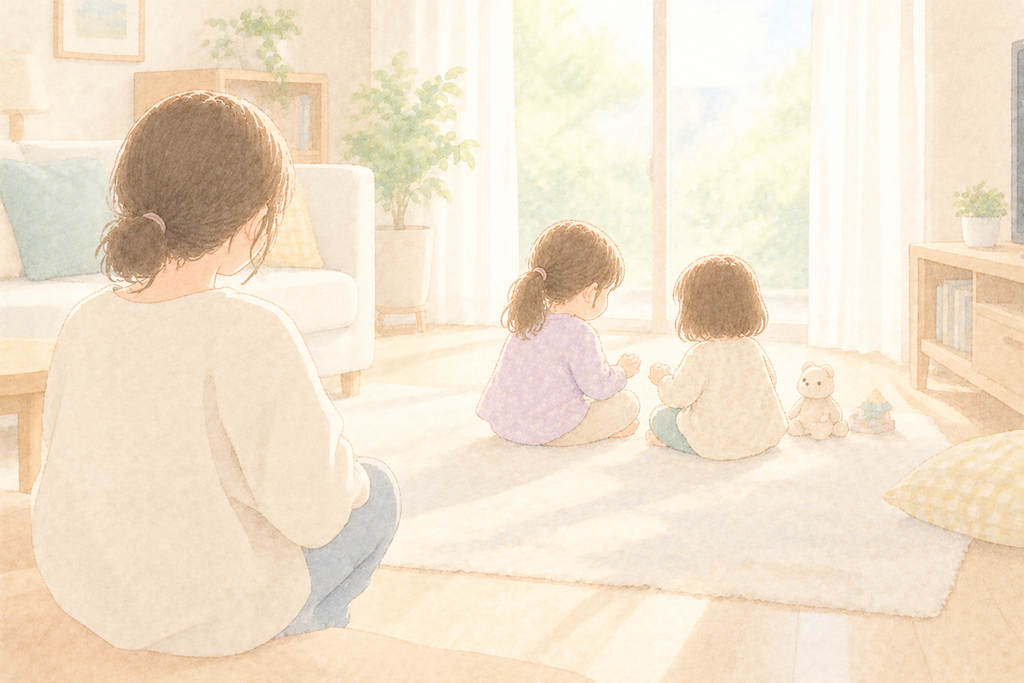 姉妹が向かい合って話し合う様子を、お母さんが見守っているイラスト