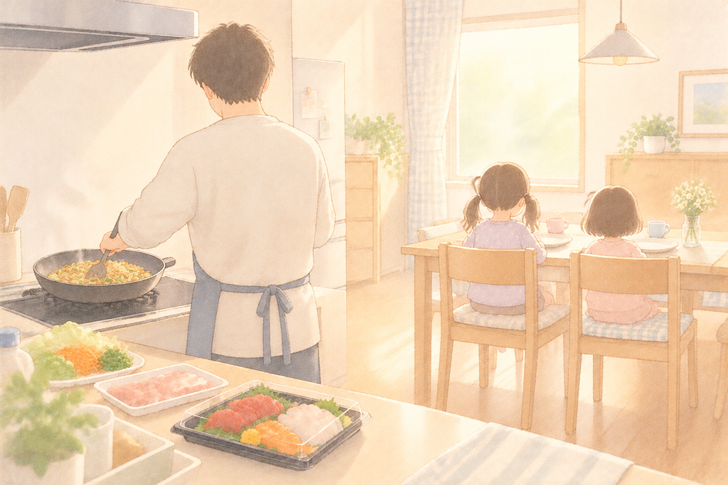 休みの日に、お父さんがお昼ごはんを作るイメージイラスト